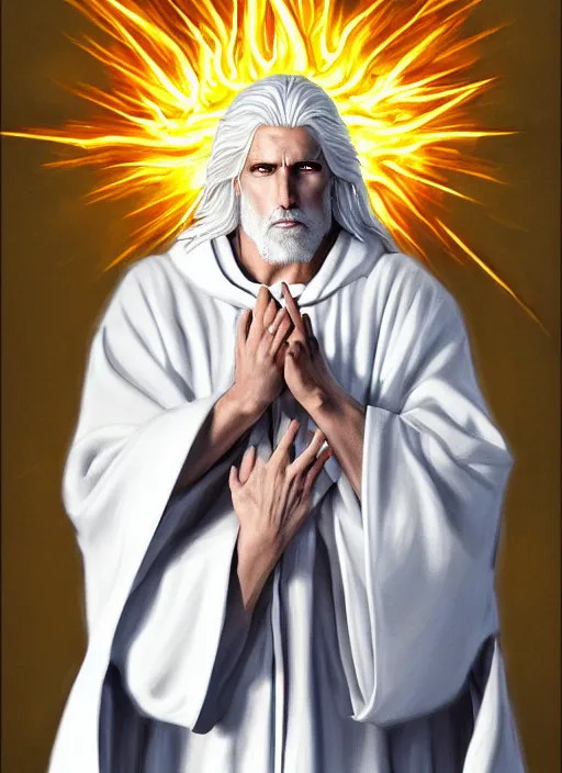 Prompt: « portrait of the white - haired jesus in a white robe and flaming yellow eyes, holding seven stars in right hand, grim colors, very realistic, high - contrast, intricate, elegant, highly detailed, digital painting, artstation, concept art, smooth, sharp focus, illustration »