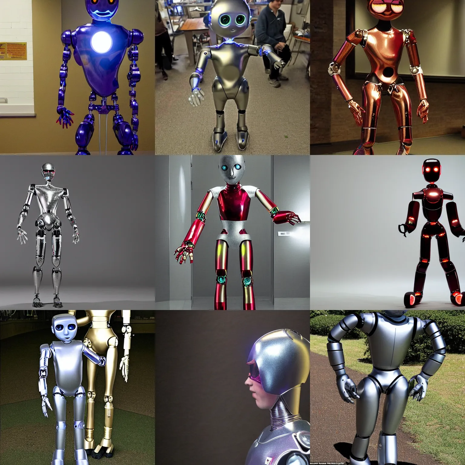 Prompt: robbie is a humanoid robot who stands about eight feet tall and has a metal frame covered with metallic skin. he has two red eyes that glow brightly. he had two arms, and two legs, which allowed him to walk and run. robbie was designed to be a servant.