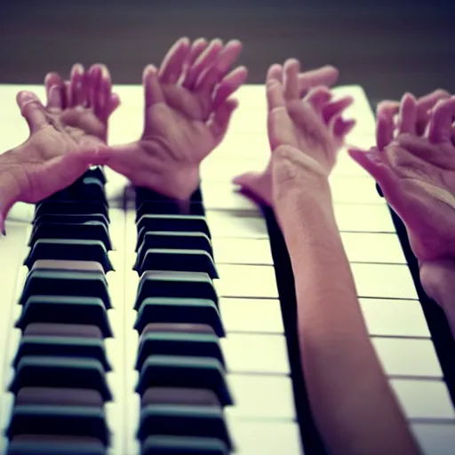 Prompt: four disembodied hands playing a piano