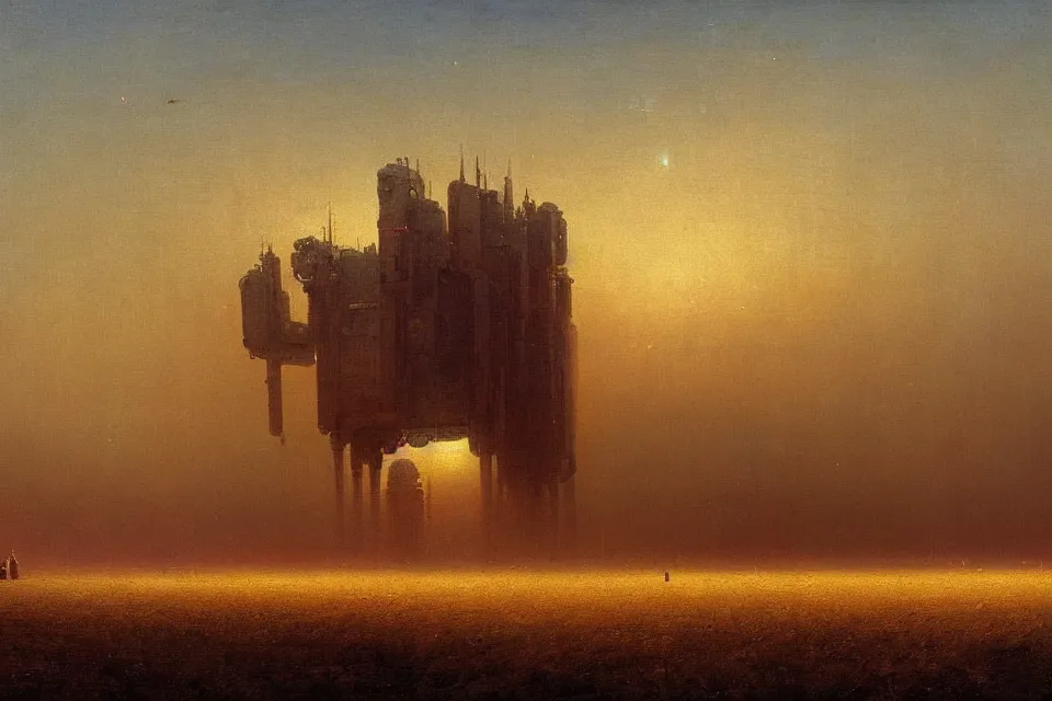 Image similar to sci-fi painting of a large alien city on the vast wheat fields, the closed back view of only one humanoid robot on the ground, by Ivan Aivazovsky, godrays, detailed