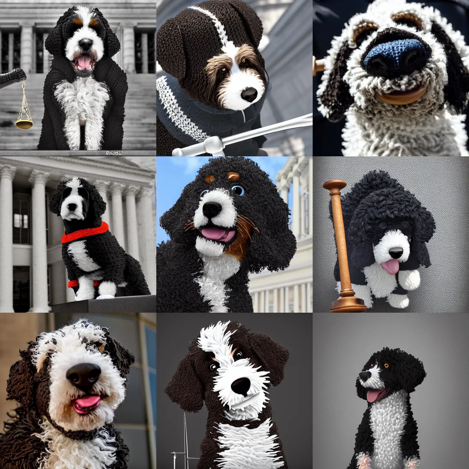 Prompt: a closeup photorealistic illustration of a knitted bernedoodle judge puppy wearing a black justice gown and speaking from the front of the courthouse. holding a gavel. this 4 k hd image is trending on artstation, featured on behance, well - rendered, extra crisp, features intricate detail, epic composition and the style of unreal engine.