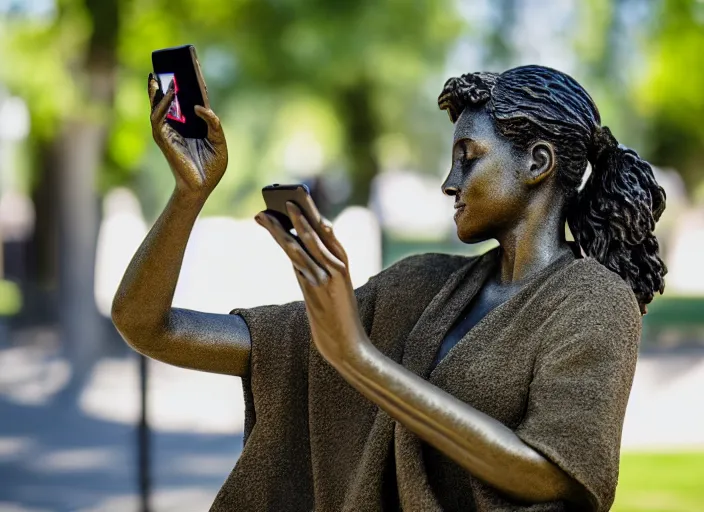 Image similar to photo still of a bronze statue of a woman using an iphone to take a selfie in a park on a bright sunny day, 8 k 8 5 mm f 1 6