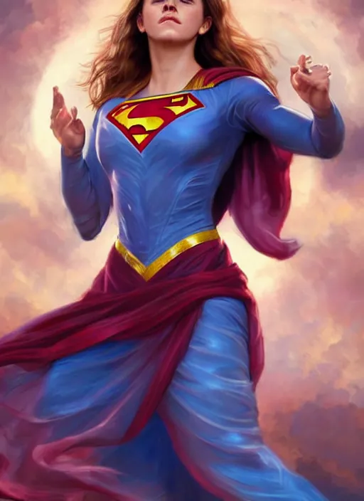 Prompt: emma watson as nature magic celestial, superwoman pose, long hair, soft red and blue transparent cloth, space, D&D, shiny background, intricate, elegant, highly detailed, digital painting, artstation, concept art, smooth, sharp focus, illustration, artgerm, bouguereau