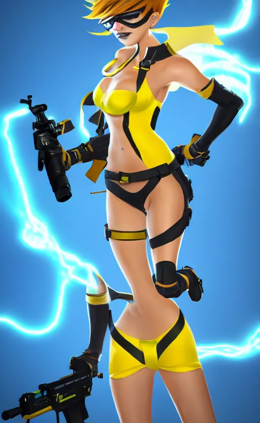Image similar to tracer game character, in yellow bikini, blonde hair, black eyes, full height