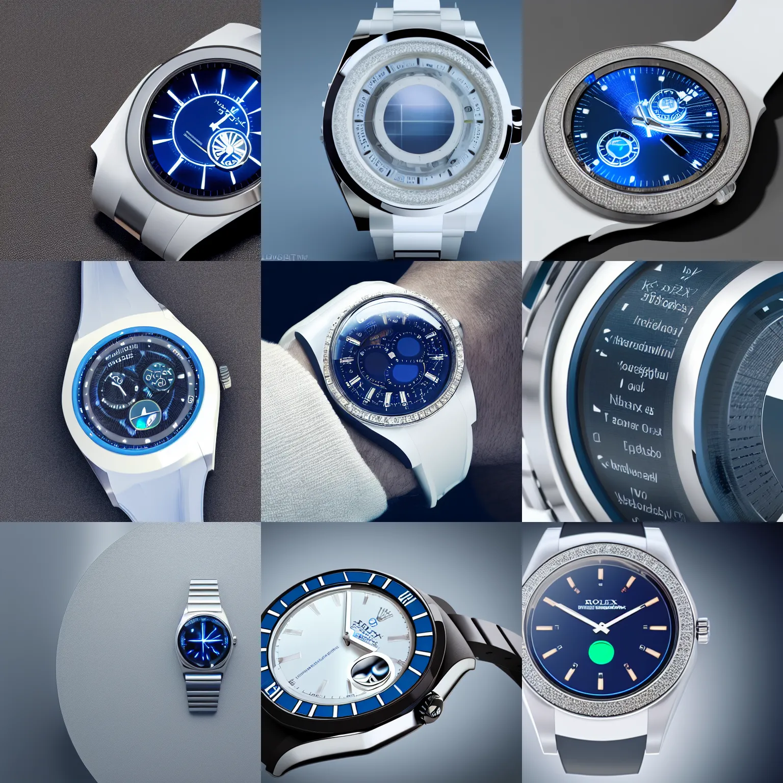 Prompt: futuristic smartwatch, rolex, white, blue, silver, studio photo, studio light, high class, octane render, macro lens