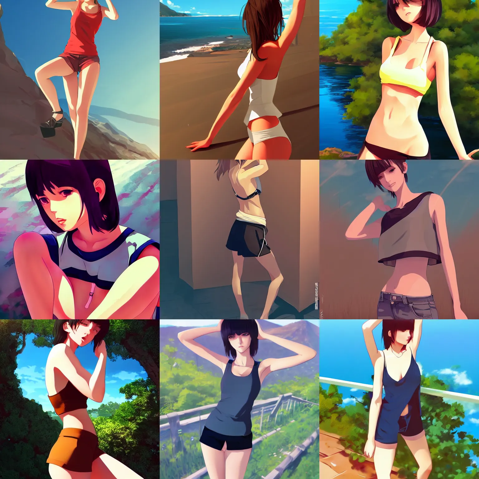 Prompt: sexy girl wearing a low cut tanktop and shorts, hand on hips, scenic view, in the style of ilya kuvshinov, high definition anime art, gorgeous, sexy, pretty, curvacious