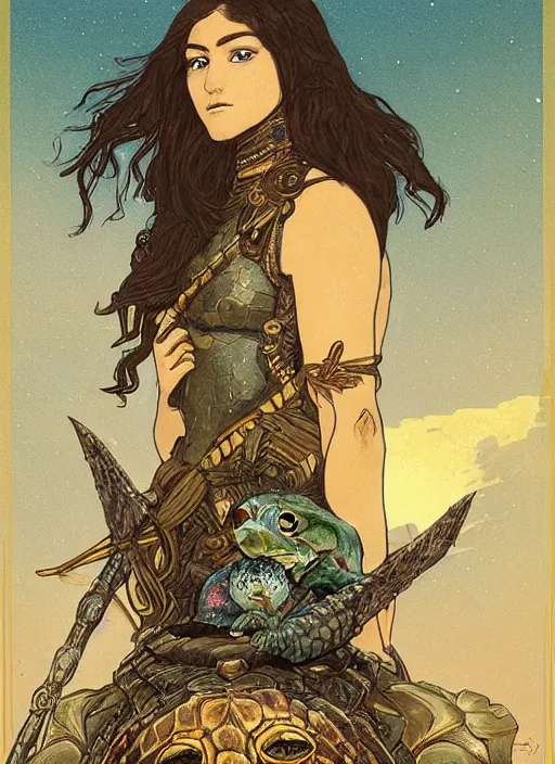 Image similar to portrait of a little warrior girl character sitting on top of a giant armored turtle in the desert, epic character with dark skin and beautiful green eyes. the girl has a very beautiful detailed symmetrical face, long black hair. the turtle has a big wise face and closed eyes, diffuse night light, dramatic landscape, fantasy illustration by mucha