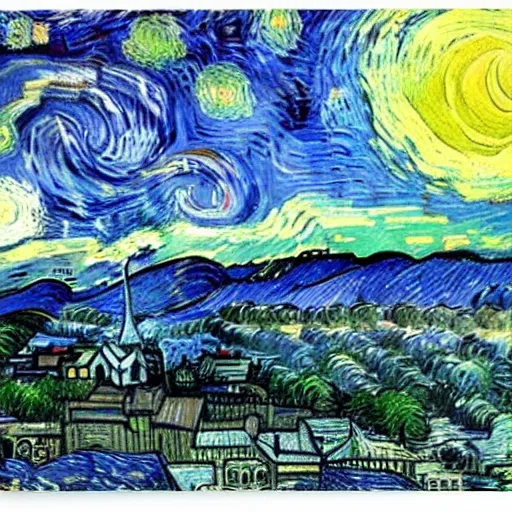 Image similar to asheville skyline in the style of starry night, by vincent van gogh