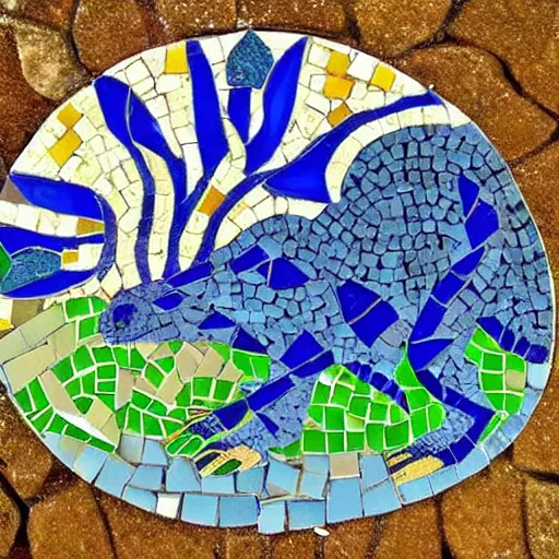 Image similar to mosaic sculpture of a chimera!!!, irregularly shaped mosaic tiles, hand glazed pottery shards, in the style of folk art, in a cottagecore flower garden