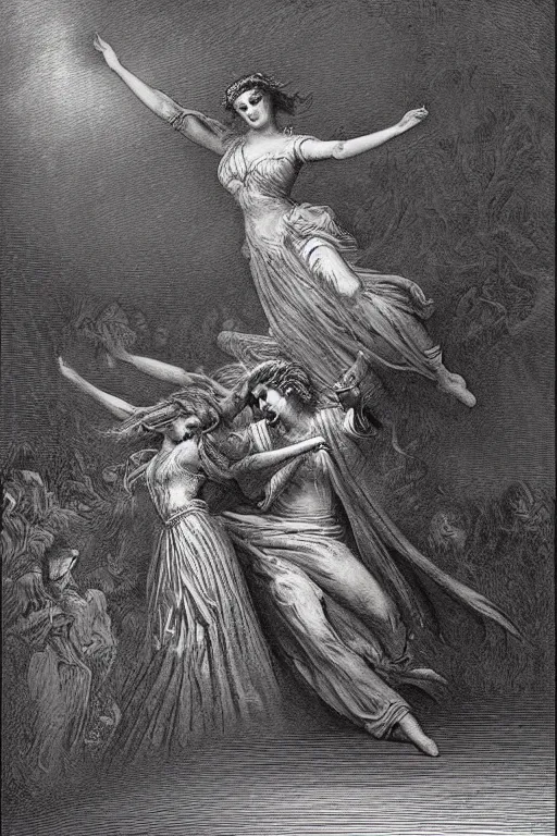 Prompt: A maiden dancing with the devil in the style of Gustave Dore