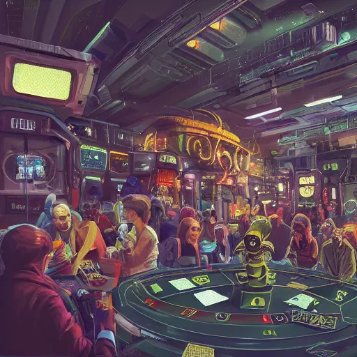 Image similar to highly detailed crowded used future casino, robots humans and extraterrestrials, on a crowded space station, jim henson creature shop, 1 9 8 0 s science fiction, 1 9 7 0 s science fiction, alien 1 9 7 9, cyberpunk, 3 d oil painting, depth perception, 4 k, artstation