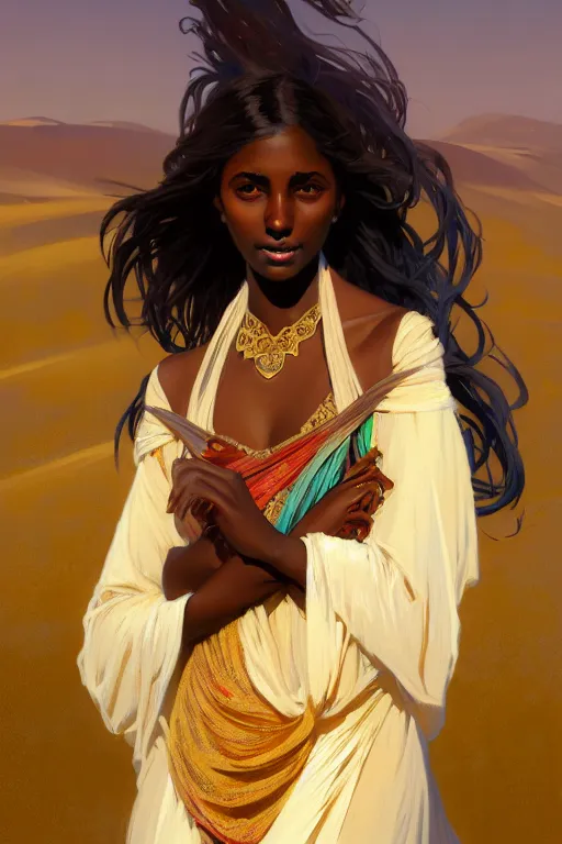 Image similar to full figure beautiful young dark skin woman, covered in multicolored arabian fluent clothes, luminous scene, by greg rutkowski and alphonse mucha, d & d character, gradient white to gold, in front of a dune desert background, highly detailed portrait, digital painting, artstation, concept art, smooth, sharp focus illustration, artstation hq