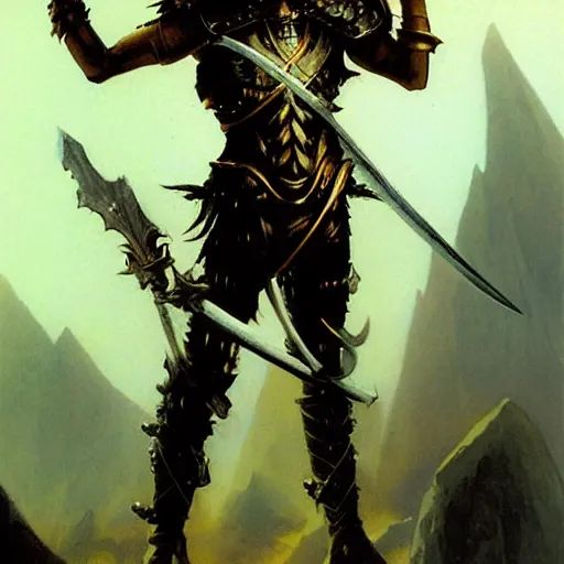 Image similar to ( ( ( quarter length portrait of a gaunt noseless yellow - skinned bald githyanki warrior in a breastplate, wielding a magical silver greatsword ) ) ), greg rutkowski, frank frazetta, alexandre chaudret, boris vallejo, michael whelan, miro petrov, magali villeneuve, donato giancola, d & d