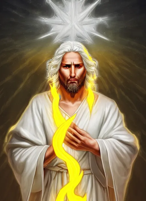 Prompt: « portrait of the white - haired jesus in a white robe and flaming yellow eyes, holding seven stars in right hand, high - contrast, intricate, elegant, highly detailed, bible illustration, digital painting, artstation, concept art, smooth, sharp focus, illustration »