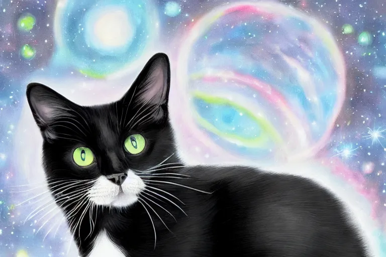 Image similar to a portrait of a beautiful black and white cat in space wearing a tuxedo with colorful bright green eyes, medium shot, hd, 8k, hyper-realism, detailed,