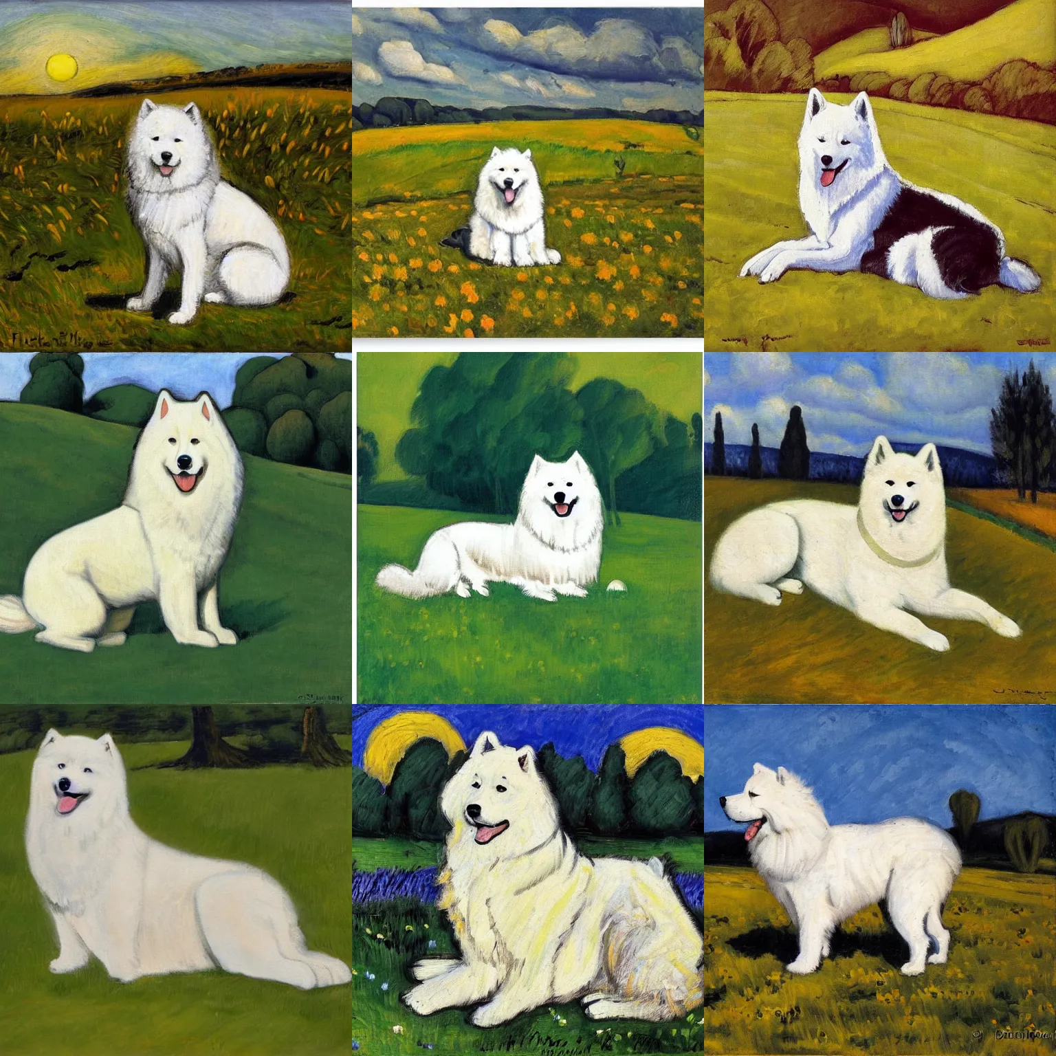 Prompt: a samoyed dog sitting in the middle of sunny meadow, by othon friesz