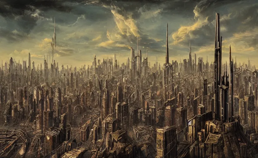 Image similar to a Dystopian gothic surrealism painting of a cyberpunk megalopolis extending up into the sky