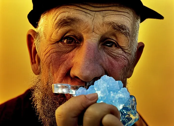 Image similar to a extreme close - up, color studio photographic portrait of a old russian man eating ice, dramatic backlighting, 1 9 9 3 photo from life magazine,