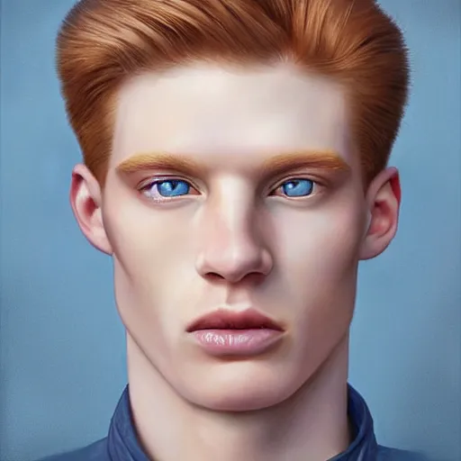 Prompt: 2 4 - year - old man, masculine face, hyper masculine features, very tall and muscular, extremely pale skin, square jaw, ginger hair, sapphire blue eyes, hyper realistic face, beautiful eyes, highly detailed, digital painting, smooth, sharp, strong face, expressive eyes, medium long wavy ginger hair, art by greg rutkowski and alex gray