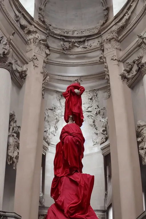 Image similar to a dramatic view of the sacrifice of the priest statue dressed with soft red silk fabric made in heavy marble, with few ornaments in shiny polished stone, sculpted by hedi xandt and antonio corradini