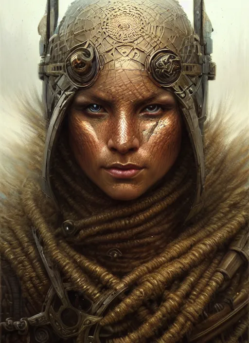 Prompt: closeup portrait shot of a warrior in a scenic dystopian environment, intricate, elegant, highly detailed, centered, digital painting, artstation, concept art, smooth, sharp focus, illustration, artgerm, tomasz alen kopera, peter mohrbacher, donato giancola, joseph christian leyendecker, wlop, boris vallejo