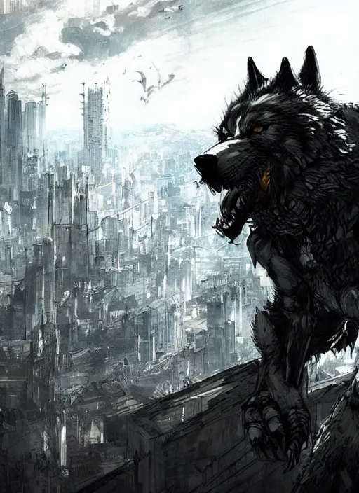 Image similar to Giant wolf towering over a city. In style of Yoji Shinkawa and Hyung-tae Kim, trending on ArtStation, dark fantasy, great composition, concept art, highly detailed, dynamic pose.