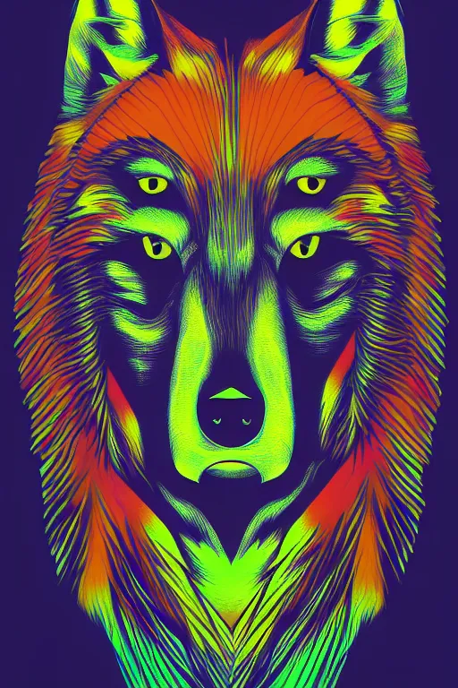 Image similar to Portrait of a wolf head. Acid trip colors, very geometrical, symmetrical, brutalist, cement, psychedelic colors, trending on artstation