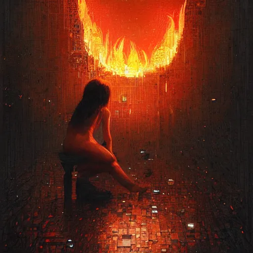 Image similar to she is watching how her digital past is burning with glitched flames made of bits, by greg rutkowski and esao andrews