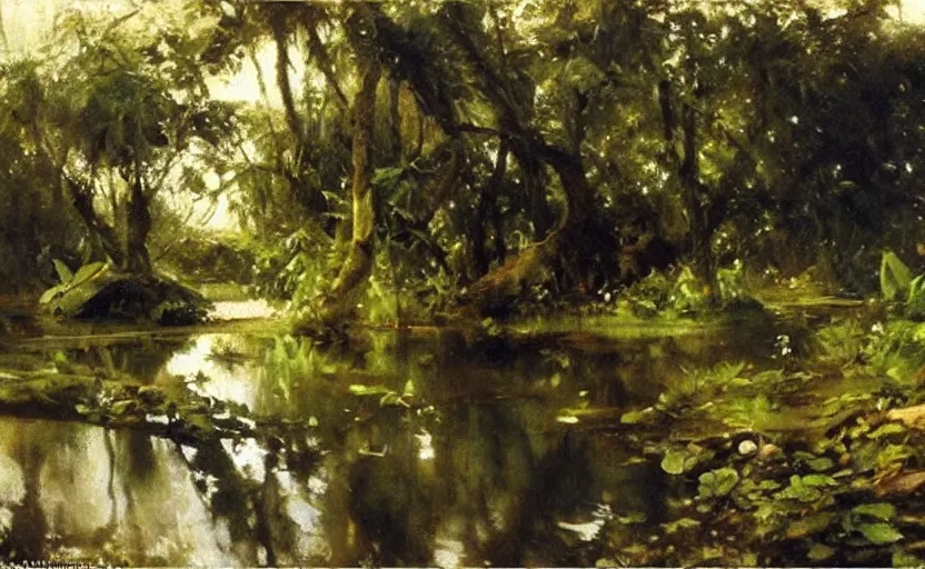 Image similar to oil painting lanscape by anders zorn, jungle nature, fruit trees, very very very very beautiful art, dramatic light, water reflections, crocodile river