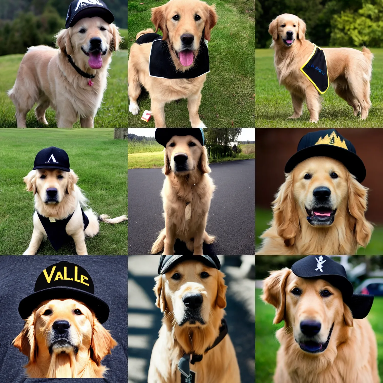 Prompt: Golden retriever wearing a black caps with the word Valtra on it