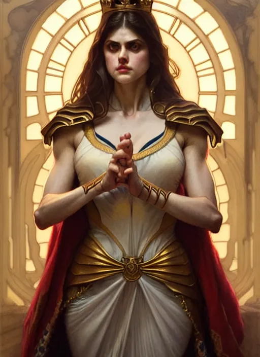 Image similar to alexandra daddario as queen, incredibly detailed face, light semi - open dress, true anatomy, art by artgerm and greg rutkowski and alphonse mucha