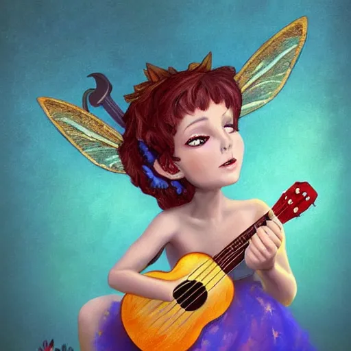 Image similar to an illustration of a fairy playing a ukulele, trending on artstation, digital art,