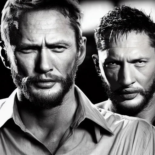 Prompt: medium long shot, 3 / 4 shot, of clint eastwood and tom hardy posing, detalied, highly rendered, black and white, sharp, dreamy, misty woods, epic