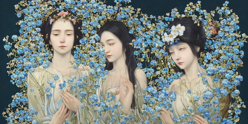 Image similar to breathtaking detailed concept art painting of the goddesses of nemophila flowers, orthodox saint, with anxious, piercing eyes, ornate background, amalgamation of leaves and flowers, by Hsiao-Ron Cheng, James jean, Miho Hirano, Hayao Miyazaki, extremely moody lighting, Black paper, cut paper texture, Full of light-blue and silver and white layers, 8K