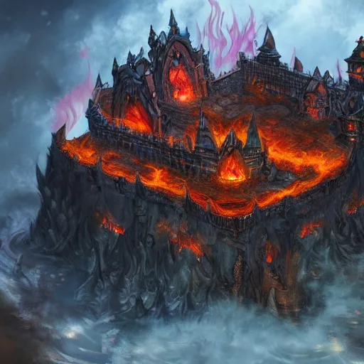 Prompt: the exterior of bowser's castle, epic, fantasy art, dark fantasy, illustration, flames, lava, oil painting, artstation, hyper detailed, thwomps, oil painting, intricate