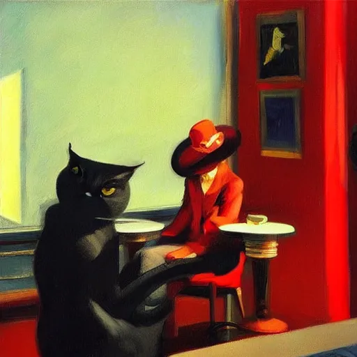 Image similar to a robotic cat wearing a hat, a highly detailed edward hopper painting, by adrian ghenie and gerhard richter. art by sorolla. masterpiece, flat surreal design with deep colours. 8 k. artstation