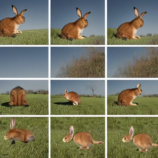 Prompt: a rabbit jumping up over a fence, shown as a film strip showing 9 sequential stills starting from time 0 : 0 0 from the video clip in a grid