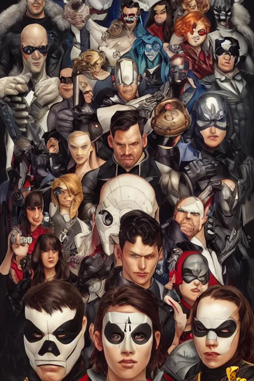 Image similar to group portrait of the Umbrella Academy, superheroes, domino masks, movie poster, highly intricate, elegant, realistic faces, highly detailed, digital painting, artstation, concept art, cel-shaded, smooth, sharp focus, illustration, art by artgerm and greg rutkowski and alphonse mucha