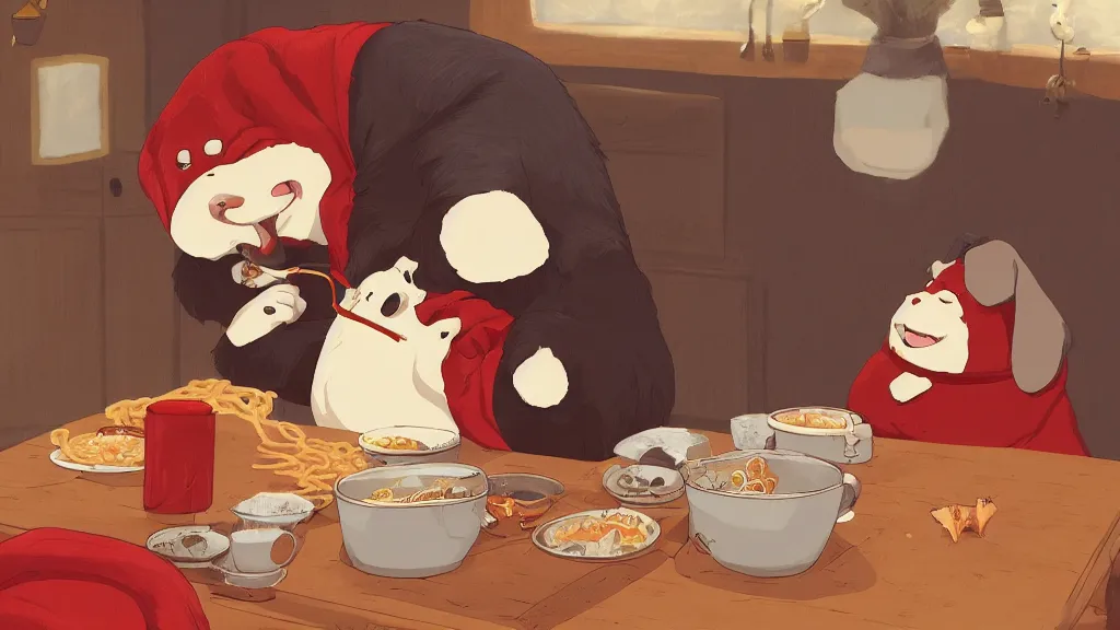 Prompt: cute fat anthropomorphic dog boy eating ramen in a red turtleneck sweater in a cottage on a cold winter day, detailed, 4K, trending on pixiv