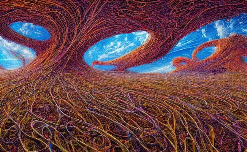 Prompt: beautiful psychedelic landscape covered in tentacles in the style of peter gric