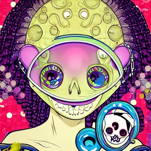 Image similar to portrait of a anime angel happy smiley girl skull face with bubbles in background detailed highres 4k by Trevor Brown pop art nouveau