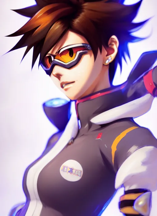 Image similar to a full body portrait of tracer from overwatch in anime style, finely detailed features, closeup at the faces, perfect art, in the abadoned temple, gapmoe yandere grimdark, trending on pixiv fanbox, painted by greg rutkowski makoto shinkai takashi takeuchi pixar, akihiko yoshida