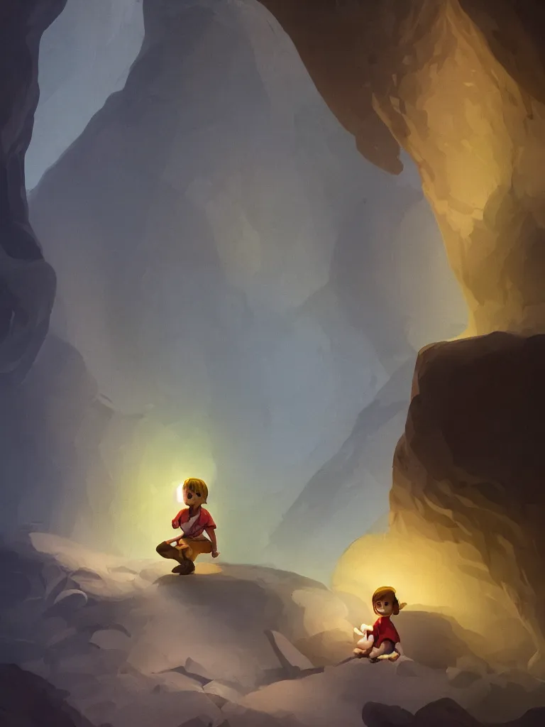 Image similar to lit child, in a dark cave, by disney concept artists, blunt borders, golden ratio, soft light
