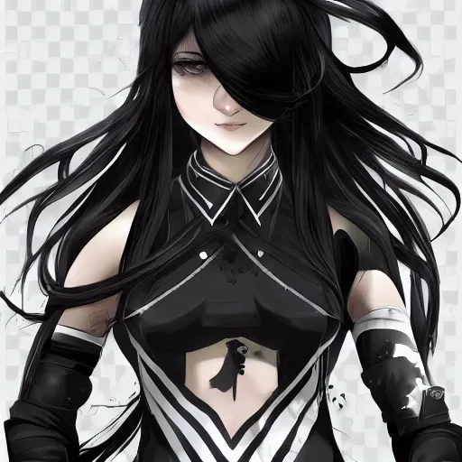 Image similar to upper body portrait of a beautiful girl with long black hair, wearing black riot gear, holding AR-15, drawn by WLOP, by Avetetsuya Studios, attractive character, colored sketch anime manga panel, trending on Artstation