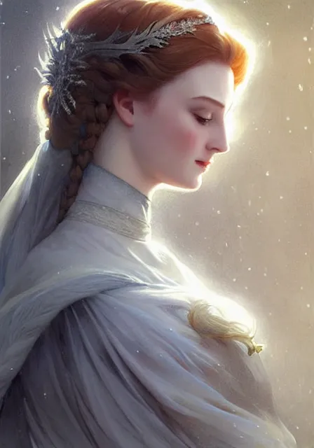 Image similar to sansa snow queen, intricate, elegant, highly detailed, digital painting, artstation, concept art, smooth, sharp focus, illustration, art by artgerm and greg rutkowski and alphonse mucha and william - adolphe bouguereau