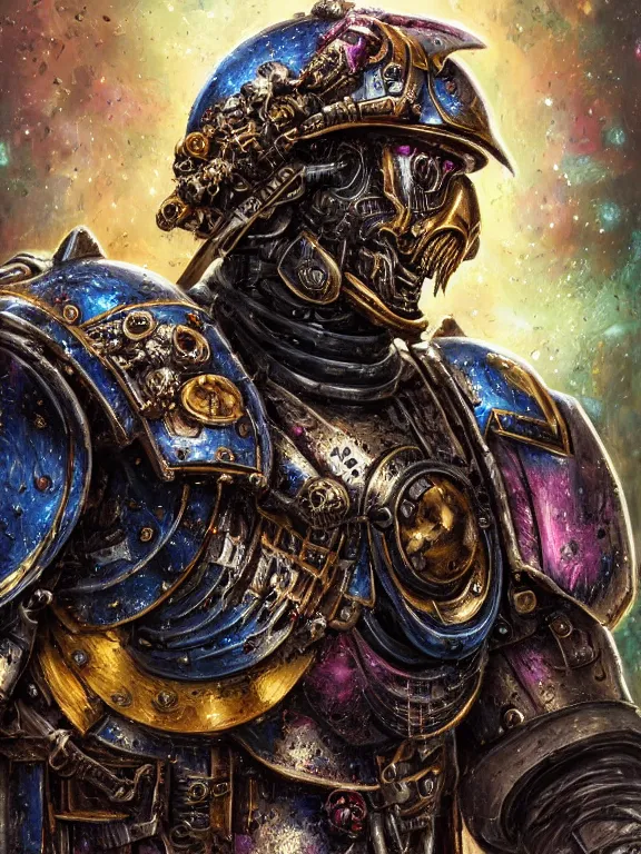 Prompt: portrait art of 8k ultra realistic undead space marine , ornate intricate smashed galaxy helmet , detailed intricate ornate armour,blade runner, cybernetic, full of colour, cinematic lighting, battered, trending on artstation, 4k, hyperrealistic, focused, extreme details,unreal engine 5, cinematic, masterpiece, art by ayami kojima, giger