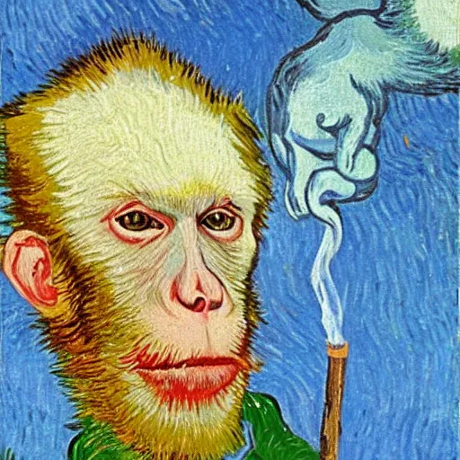 Image similar to rhesus monkey in a lab coat, smoking a cigar, in a green field, van gogh style painting