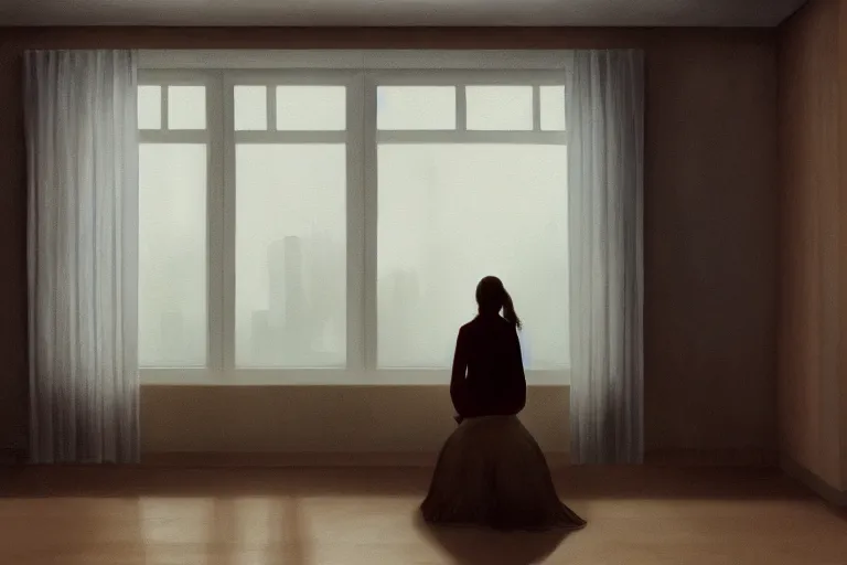 Prompt: a painting of a woman staring out a foggy window in a suburban home by jama jurabaev, cinematic shot, trending on artstation, high quality, ultra realistic