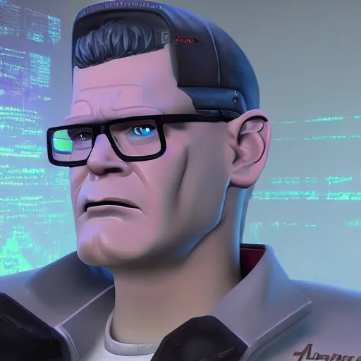 Prompt: Hank Hill, cyberpunk, vaporware, very detailed, unreal engine, trending on artstation