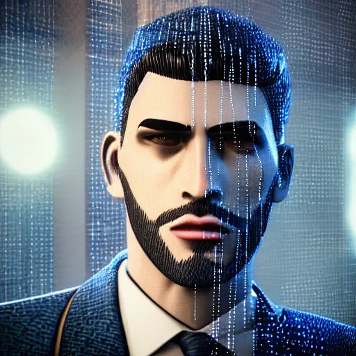 Prompt: stylish man cartoon portrait made out of rain, pinstripe suit, cyberpunk background, rendered in octane, unreal engine, highly detailed, trending on artstation, realistic, neon, beautiful, volumetric lighting, depth of field